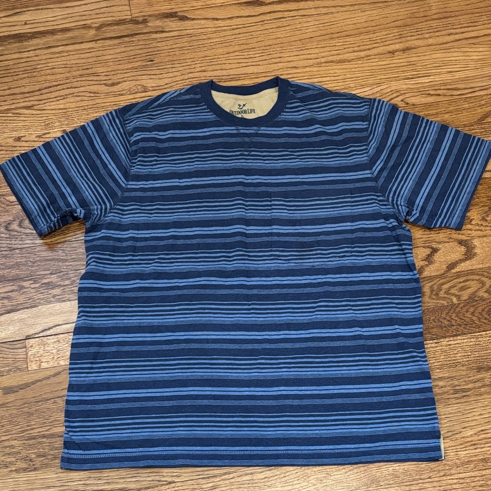 Outdoor Life Navy and Light Blue Striped Tee XL